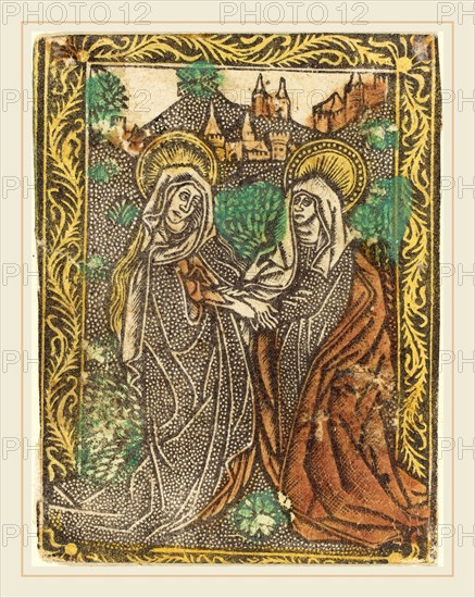 Workshop of Master of the Borders with the Four Fathers of the Church, The Visitation, 1460-1480, metalcut, hand-colored in yellow, red-brown lake, and green