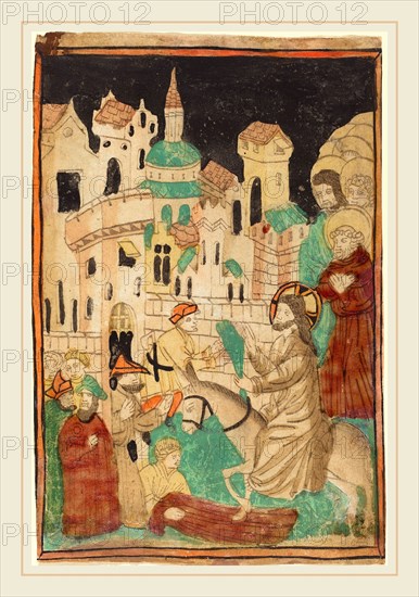 German 15th Century, Christ's Entry into Jerusalem, probably 1450, woodcut in light brown, hand-colored in red lake, green, black, tan, orange, and yellow