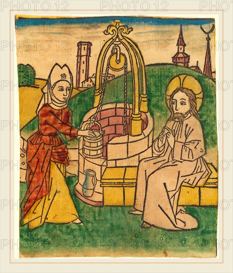 German 15th Century, Christ and the Woman of Samaria, probably 1485, woodcut, hand-colored in red lake, yellow, green, blue, brown, and gray