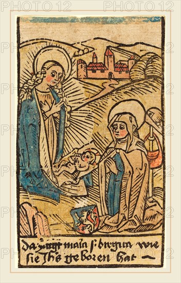 German 15th Century, Madonna and Saint Bridget, c. 1480-1500, woodcut, hand-colored in blue, yellow, tan, orange, and red