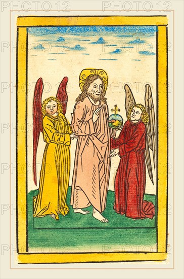 German 15th Century, Christ as Salvator Mundi, c. 1485, hand-colored woodcut