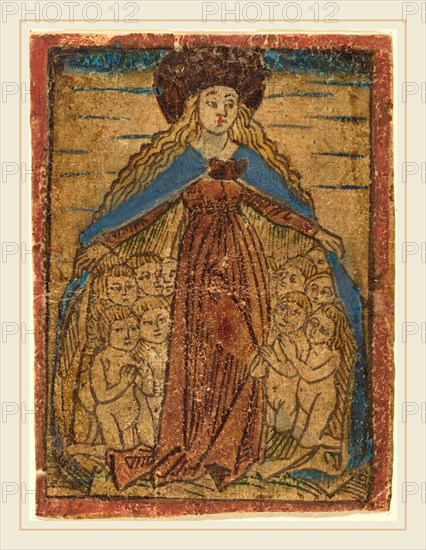 German 15th Century, Madonna as Protectress, c. 1470-1480, woodcut in brown, hand-colored in blue, red brown, yellow, gold, and red