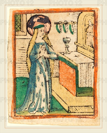 German 15th Century, The Virgin in a Robe Embroidered with Ears  of Corn, c. 1470-1480, woodcut, hand-colored in blue, green, orange, yellow, rose, and gold