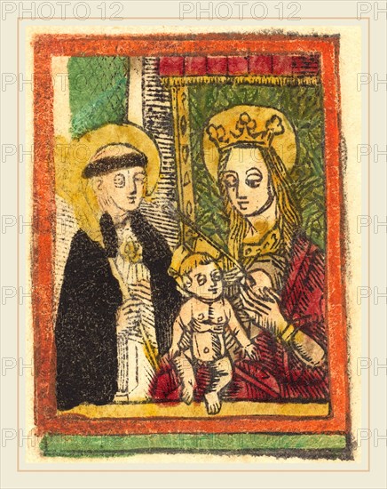 German 15th Century, Saint Bernard with the Madonna and Child, 1480-1500, woodcut, hand-colored in red lake, yellow, green, black, and orange