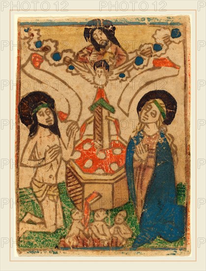 German 15th Century, Allegory of the Eucharist, c. 1470-1490, woodcut in lt. brown, hand-colored in blue, green,orange, and gold