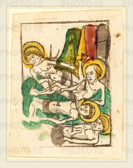German 15th Century, Four Martyrs-Saint Acacius, c. 1480, woodcut in brown, hand-colored in yellow, green, red, and tan-gray