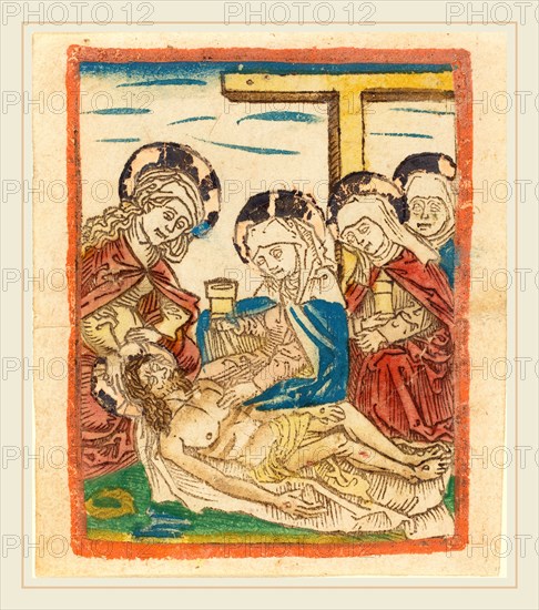 German 15th Century, The Lamentation, c. 1480-1490, woodcut in dark brown, hand-colored in red-lake, blue, green, yellow, tan, gold, and orange