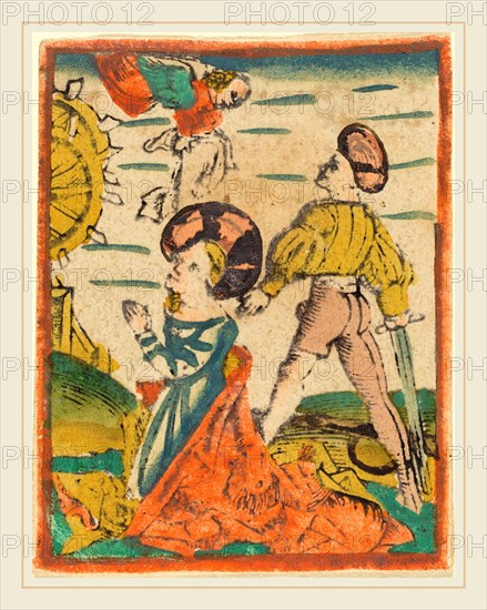 German 15th Century, Beheading of Saint Catherine, 1480-1490, woodcut, hand-colored in orange, yellow, blue-green, blue, and rose