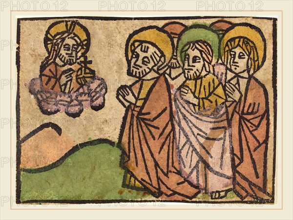 German 15th Century, Christ Appearing to the Apostles, c. 1460-1470, woodcut, hand-colored in venetian red, green, lavender, and yellow