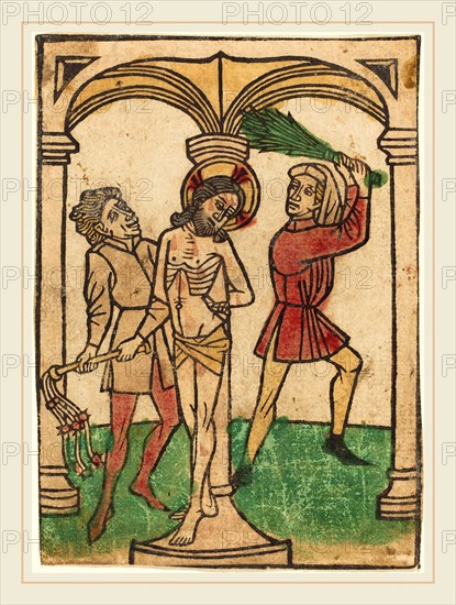 Ludwig of Ulm (German, active 1450-1470), The Flagellation, hand-colored woodcut (blockbook page)