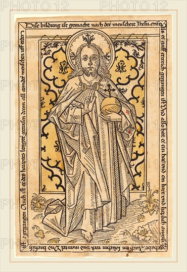 German 15th Century, Christ as Salvator Mundi, c. 1470, woodcut, hand-colored in yellow and red