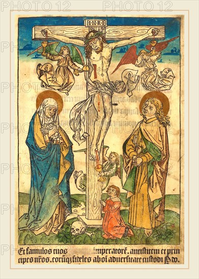 German 15th Century, Christ on the Cross with Angels, c. 1490, woodcut, hand-colored in blue, yellow, orange, green, brown, carmine, and gold on vellum