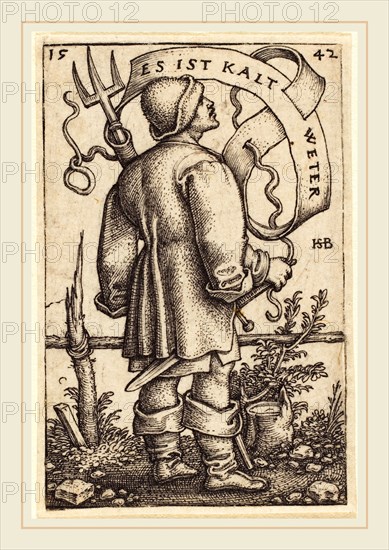 Sebald Beham (German, 1500-1550), The Weather Peasant: "Es ist Kalt Weter", 1542, engraving on laid paper