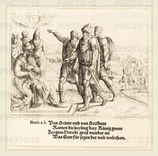 Augustin Hirschvogel (German, 1503-1553), The Three Kings Tell Herod of Christ's Birth, 1549, etching