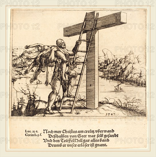 Augustin Hirschvogel (German, 1503-1553), Christ Ascending the Cross with Sin, Death, and the Devil, 1547, etching