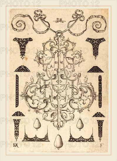 Daniel Mignot (German, active 1593-1596), Large Pendant, Surrounded by Twelve Small Studs, 1593, engraving