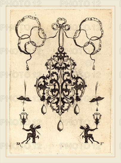 Daniel Mignot (German, active 1593-1596), Large Pendant, Lower Left and Right Two Winged "Devils" Sitting on Pedestals, 1596, engraving