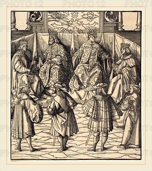 Leonhard Beck (German, c. 1480-1542), Assembly of Four Kings, in the foreground Four Men, 1514-1516, woodcut