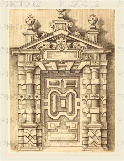 Wendel Dietterlin (author) and anonymous etcher (German, 1550 or 1551-1599), Pedimented Doorway, c. 1594, etching with engraving on laid paper