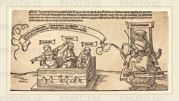 Albrecht DÃ¼rer (German, 1471-1528), Justice, Truth and Reason in the Stocks with the Seated Judge and Sleeping Piety, probably 1526, woodcut