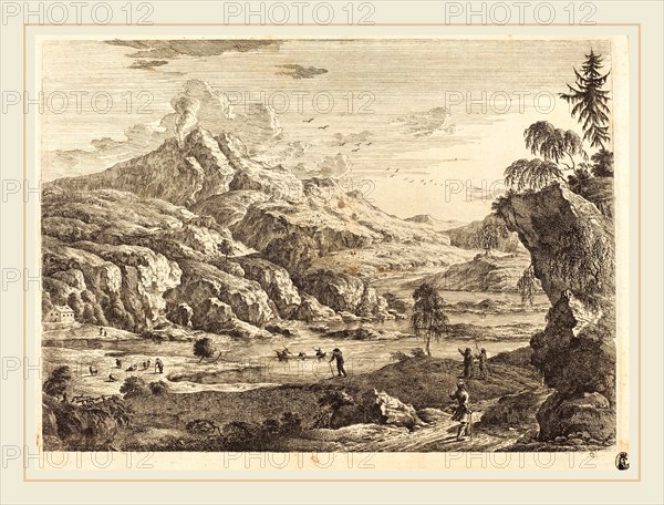 Georg Eisenmann (German, active last third 18th century), Mountainous Riverscape with Figures, etching