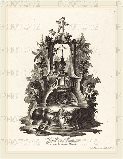 Johann Esaias Nilson (German, 1721-1788), Dessein d'une Fontaine orné avec les quatre Elements (Design for a Fountain Decorated with the Four Elements), c. 1755-1760, etching and engraving on laid paper