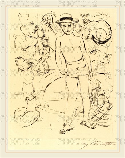 Lovis Corinth, Boy Wearing Bathing-Trunks and Straw Hat (Knabe mit Badehose und Strohhut), German, 1858-1925, 1915, drypoint in black on laid paper
