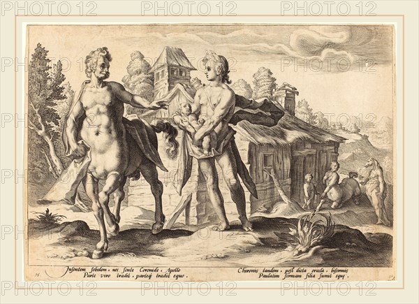 Workshop of Hendrik Goltzius after Hendrik Goltzius (Dutch, 17th century), Apollo Entrusting Chirson with the Education of Aescalapius, engraving on laid paper
