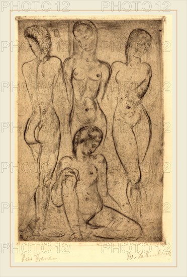 Wilhelm Lehmbruck, Four Women; Three Standing, One Sitting (VierFrauen; drei stehend, eine sitzend), German, 1881-1919, 1913, drypoint