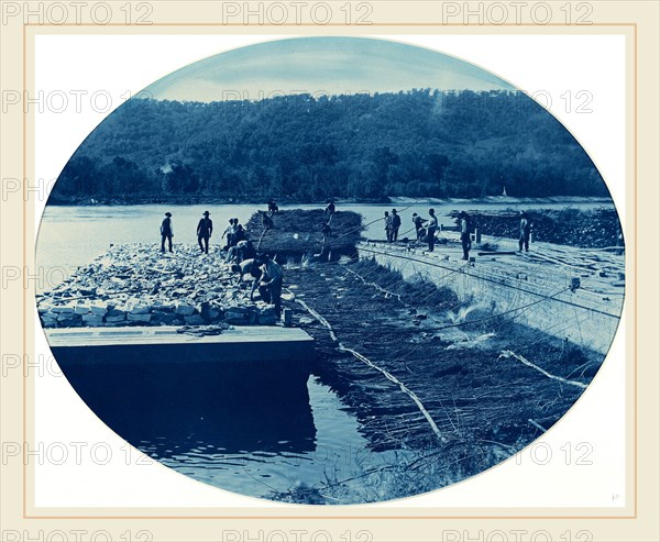 Henry Peter Bosse (American, 1844-1903), Construction of Rock and Brush Dam, L.W. 1891, 1891, cyanotype
