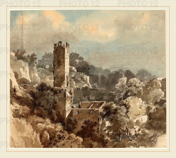 Friedrich Salathé (Swiss, 1793-1858), Ruins of a Fortified Tower among Wooded Hills, 1816-1821, watercolor over graphite on two sheets of laid paper