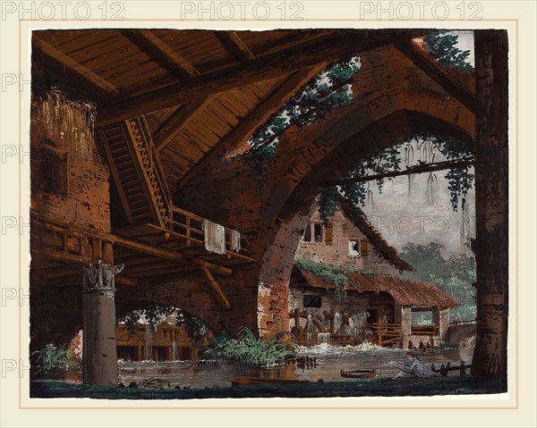 Caspar Wolf (Swiss, 1735-1783), Architectural Fantasy of Antique Ruins with a Watermill, 1760s, gouache on laid paper