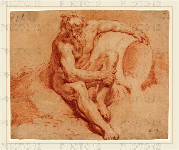 Paul Troger (Austrian, 1698-1762), River God, c. 1720, red chalk heightened with white on oatmeal paper