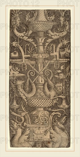Zoan Andrea (Italian, active c. 1475-1519), Ornament Panel with Dragons, Masks, and Instruments of War, c. 1505, engraving