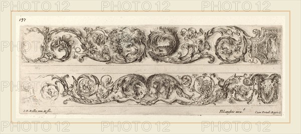 Stefano Della Bella (Italian, 1610-1664), Two Ornamental Bands with Facing Heads of Lion and Eagle, and Two Rams, probably 1648, etching