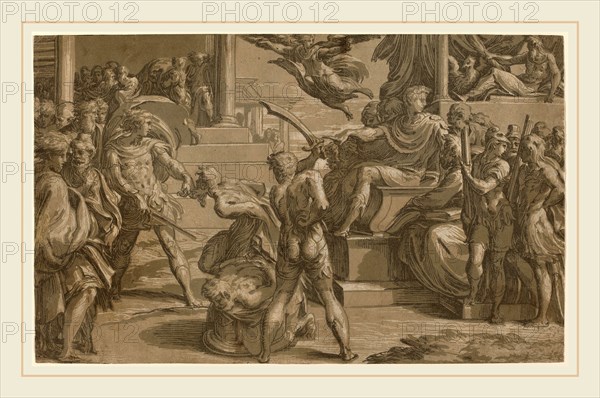 Antonio da Trento after Parmigianino (Italian, c. 1508-1550 or after), The Martyrdom of Two Saints [recto], c. 1530, chiaroscuro woodcut printed from three blocks: dark green line block, gray-green and light gray-brown tone blocks