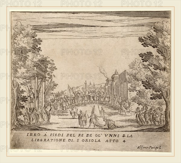 Alfonso Parigi II (Italian, 1606-1656), Jereo Before the King of the Huns for the Liberation of Saint Ursula, etching