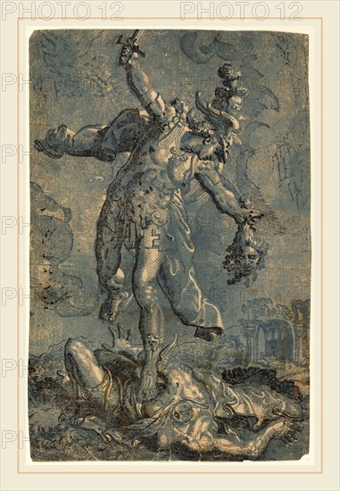 Italian 16th-17th Century after Marco Pino, Perseus, chiaroscuro woodcut printed in black and blue on laid paper