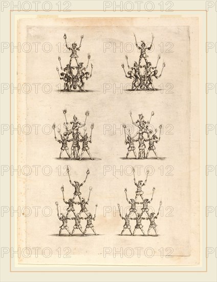 Stefano Della Bella (Italian, 1610-1664), Thirty-Six Jugglers Standing in Pyramids, 1652, etching on laid paper