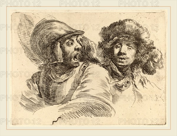 Stefano Della Bella (Italian, 1610-1664), Frightened Soldier and Man with Fur Cap, etching on laid paper [restrike]