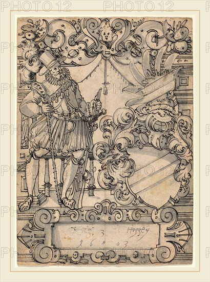 Hans Jegli II (Swiss, 1580-1643), A Donor with a Coat of Arms (Schildbegleiter und Wappenschild mit SchrÃ¤gbalken), 1603, pen and ink with wash