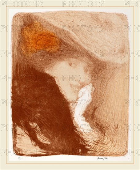 Edmond Aman-Jean (French, 1860-1936), La Rieuse: Madame Albert Besnard, 1897, color lithograph, printed in two shades of brown and gold on wove paper
