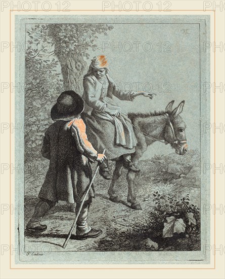 Francesco Londonio (Italian, 1723-1783), Peasant Woman Seated on a Donkey and a Peasant Man, etching heightened with white gouache on blue laid paper