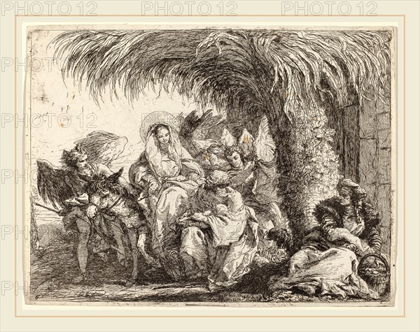 Giovanni Domenico Tiepolo (Italian, 1727-1804), Joseph Kneels with the Child before Mary on the Donkey, published 1753, etching