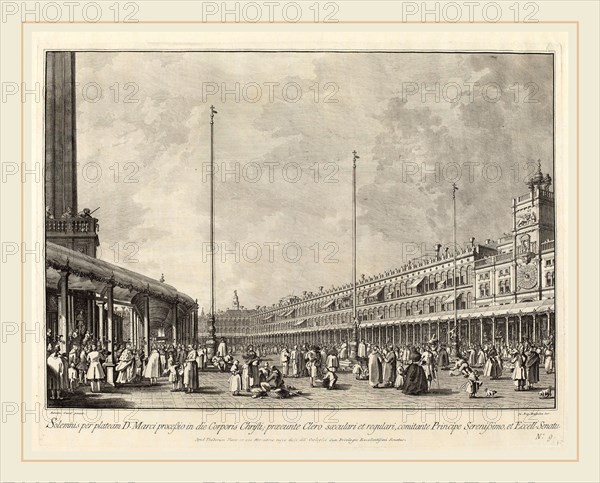 Giovanni Battista Brustolon after Canaletto (Italian, 1712-1796), Procession on Corpus Christi Day in the Piazza San Marco, 1763-1766, etching and engraving on laid paper