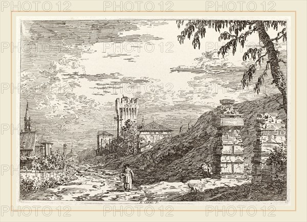 Canaletto (Italian, 1697-1768), Landscape with Tower and Two Ruined Pillars [left], c. 1735-1746, etching on laid paper