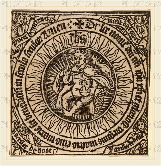 Netherlandish 15th Century, Divine Infant with the Globe in a Circle  with Four Angels, probably c. 1500, woodcut