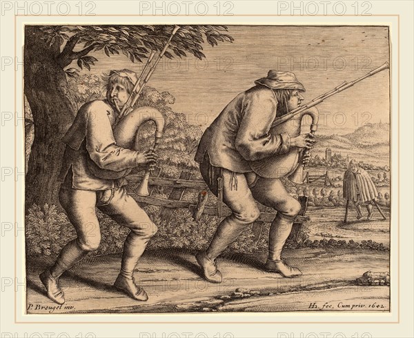 Hendrik Hondius I after Pieter Bruegel the Elder (Dutch, 1573-1649 or after), Two Bagpipe Players, 1642, engraving