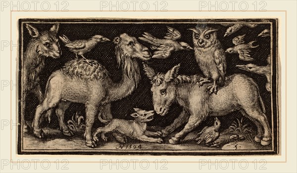 Nicolaes de Bruyn (Flemish, 1565-1571-1656), Owl on Back of Donkey, Bird on Back of Camel with Other Animals, published 1594, engraving