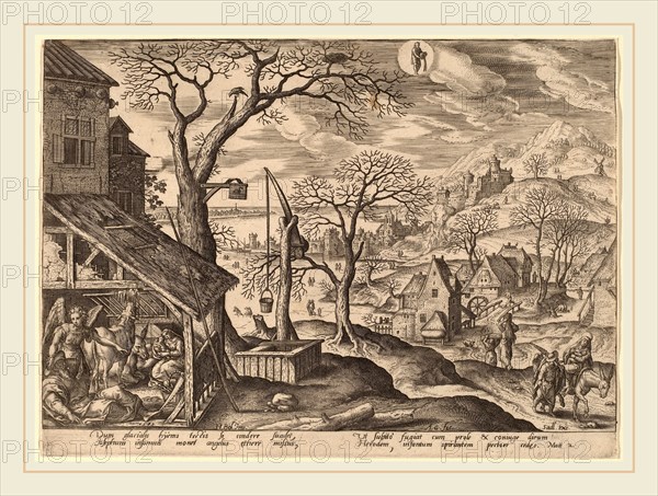 Adriaen Collaert after Hans Bol (Flemish, c. 1560-1618), The Nativity and the Flight into Egypt (Aquarius), 1585, engraving